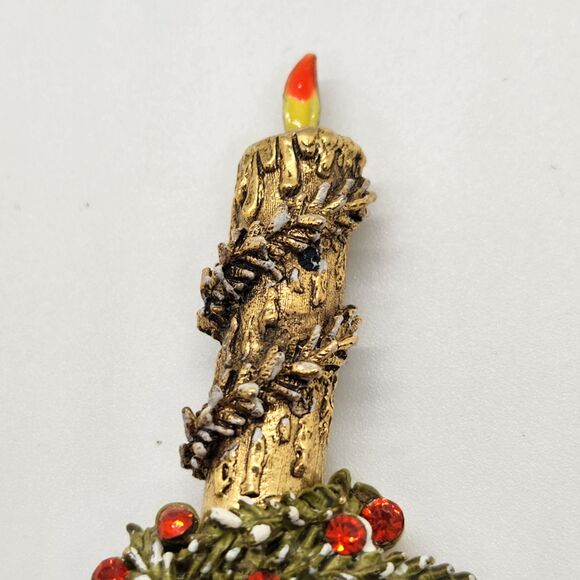 Christmas Candle Pin Red Rhinestone Enamel Brooch Mode-Art Vtg Costume Jewelry - Picture 3 of 6